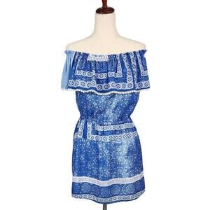 Aqua Off Shoulder Mini Dress Elastic Waist Embroidered Trim Women's Size Small